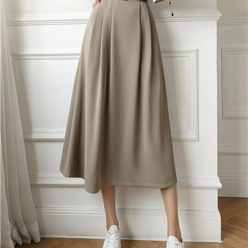 Skirts High Waist Casual Women Arrival Fashion Korean Style Solid Color Allmatch Ladies Elegant Aline Long Skirt W1082 dgf 230110