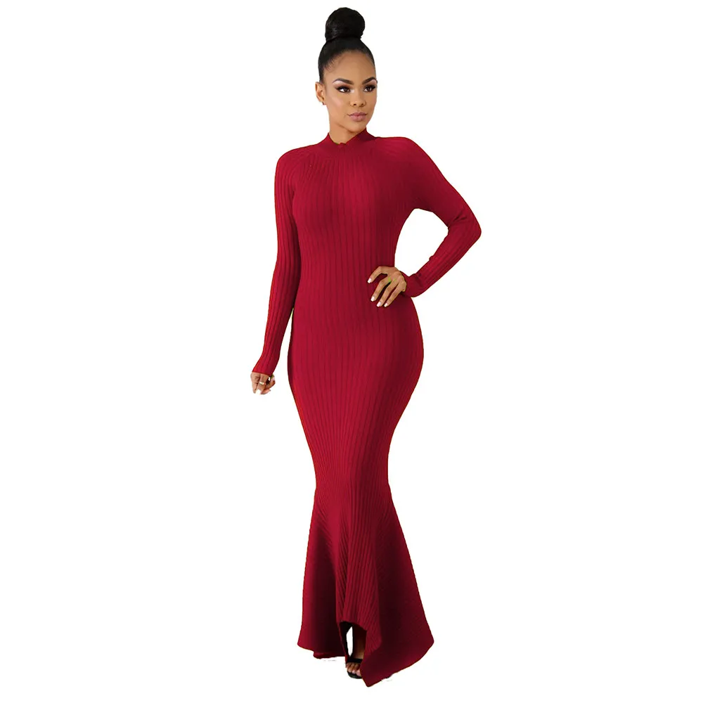 Fall Winter Kniited Rib Dresses for Women Long Sleeve Bodycon Dress Solid Maxi Dress Autumn Clothes Skinny Ribbed Dress Club Party Wear Bulk items 8448