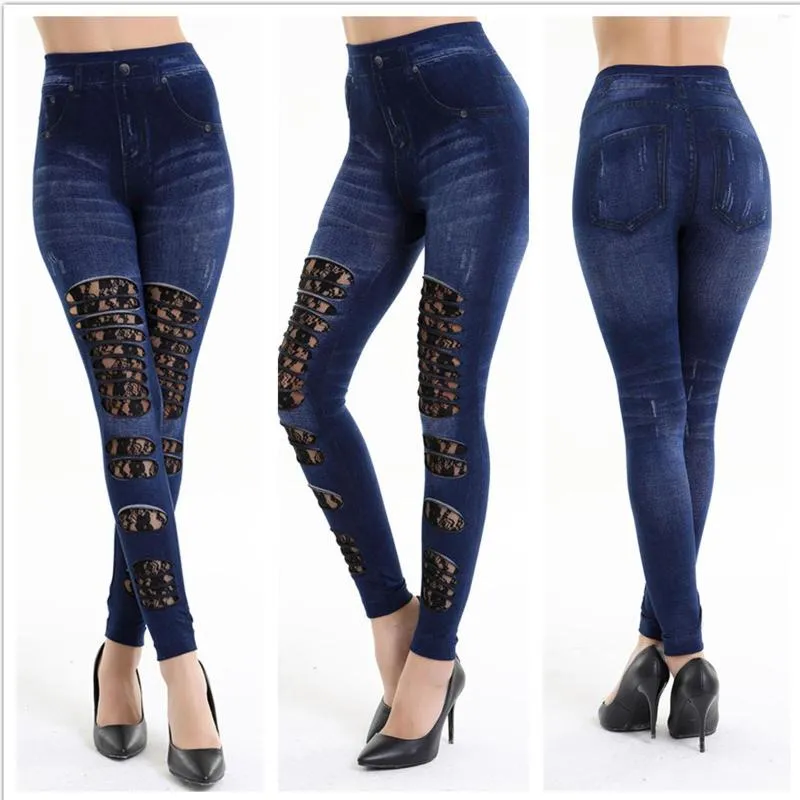 Leggings pour femmes Exercice pour femmes Pack Casual Dentelle Hollow Out Simulation Jeans Serré Élastique Juniors Ensemble