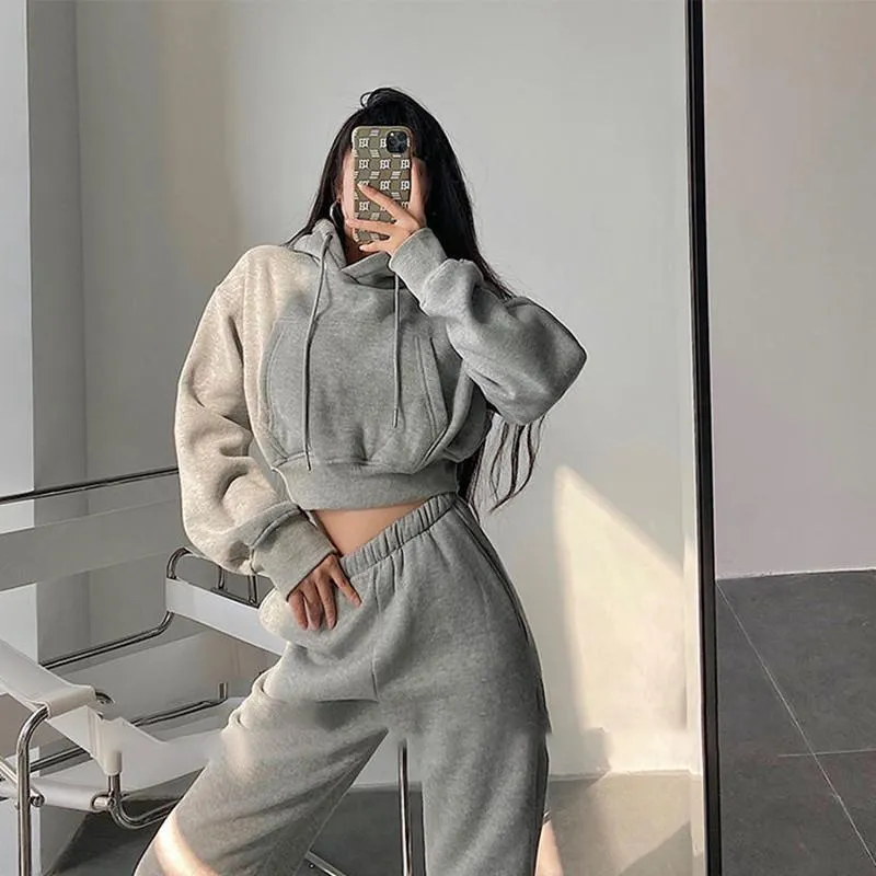 Women's Two Piece Pants Street Hooded Short Pocket Brushed Hoody Korean Style High Waist Loose Tappered Sweatpants Suit - Set For WomenWomen