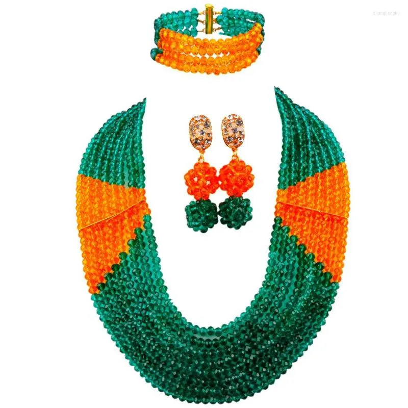 Set di gioielli da sposa Incredibile! Collana con perline di cristallo arancione verde militare Set di perline africane nigeriane LBSJ01