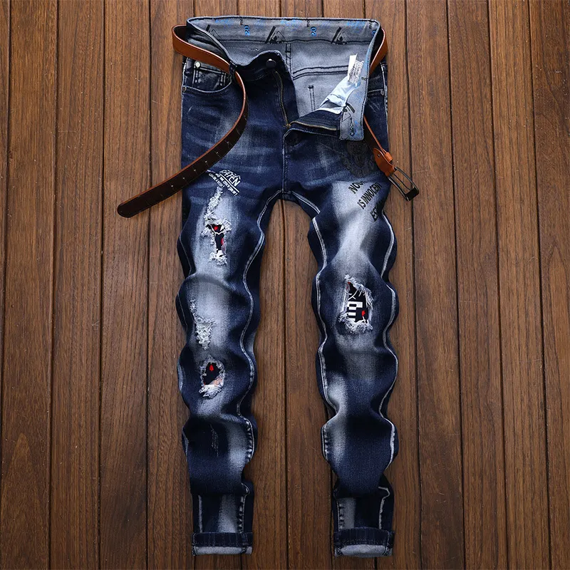 Мужские джинсы Мужчины Жан Хомм Панталон разорванные тонкие джинсовые брюки байкер высококачественный мужской прямой дизайнер.