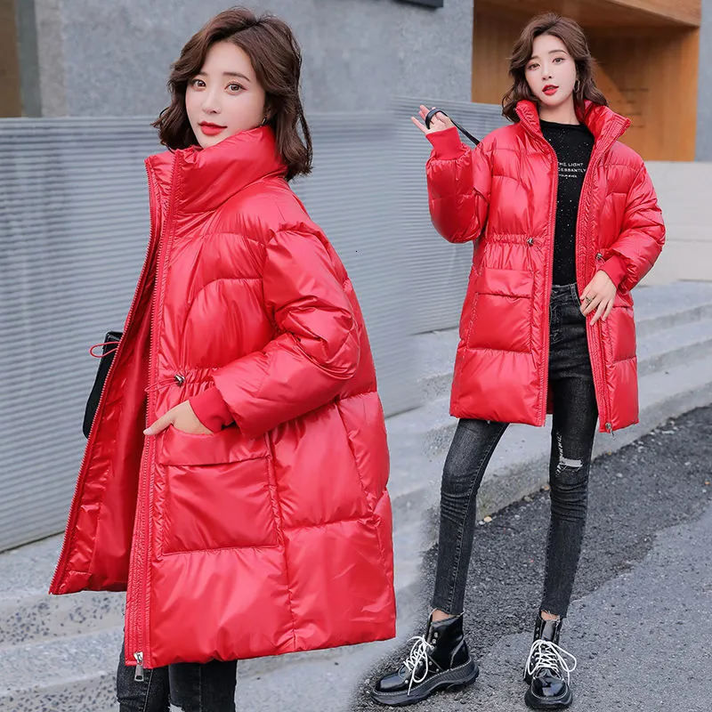 Piumino da donna Parka invernale in cotone brillante Giacca di media lunghezza imbottita Cappotto rosso spesso allentato Capispalla femminile caldo 230111