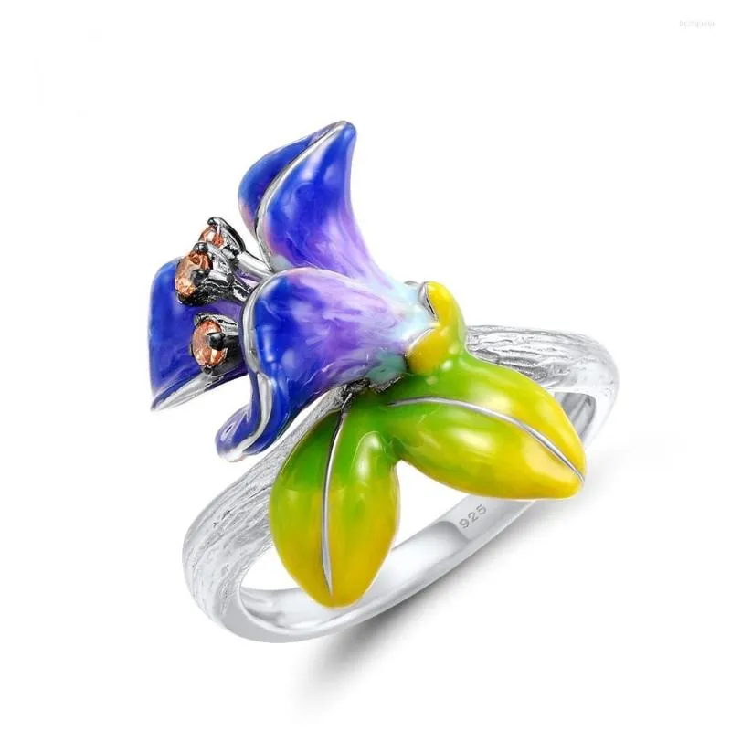 Anéis de casamento Creative Exagerado Morning Glory Flower for Women Blue esmalte -champanhe zircão embutido jóias de banquetes