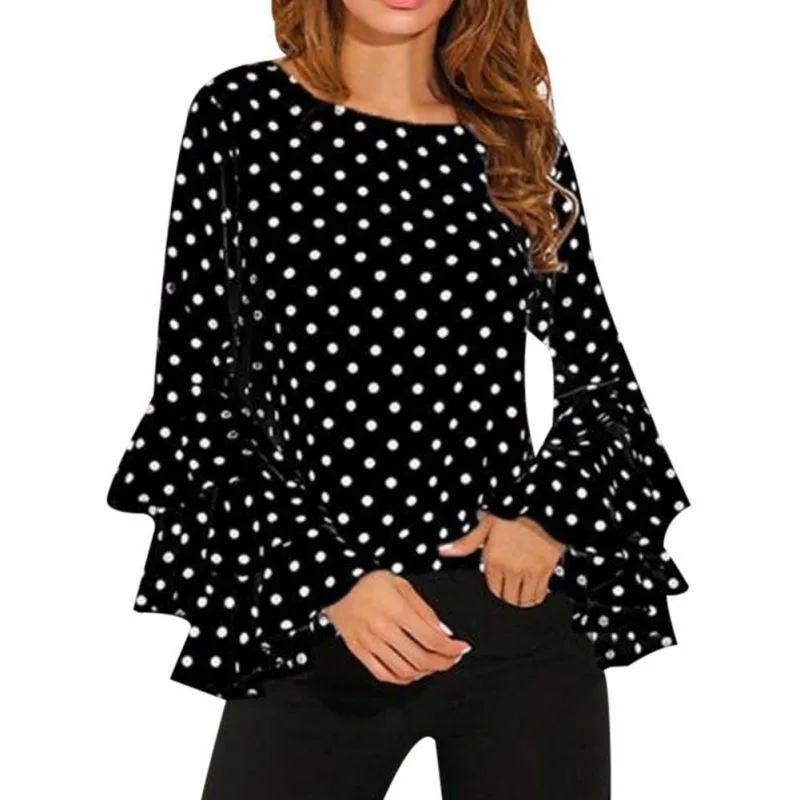 Blouses Femmes Chemises 2023 Femmes Blusas Polka Dot Imprimer Flare Manches O-cou Longue Chemisier En Mousseline De Soie Tops Coréen Blanc Noir