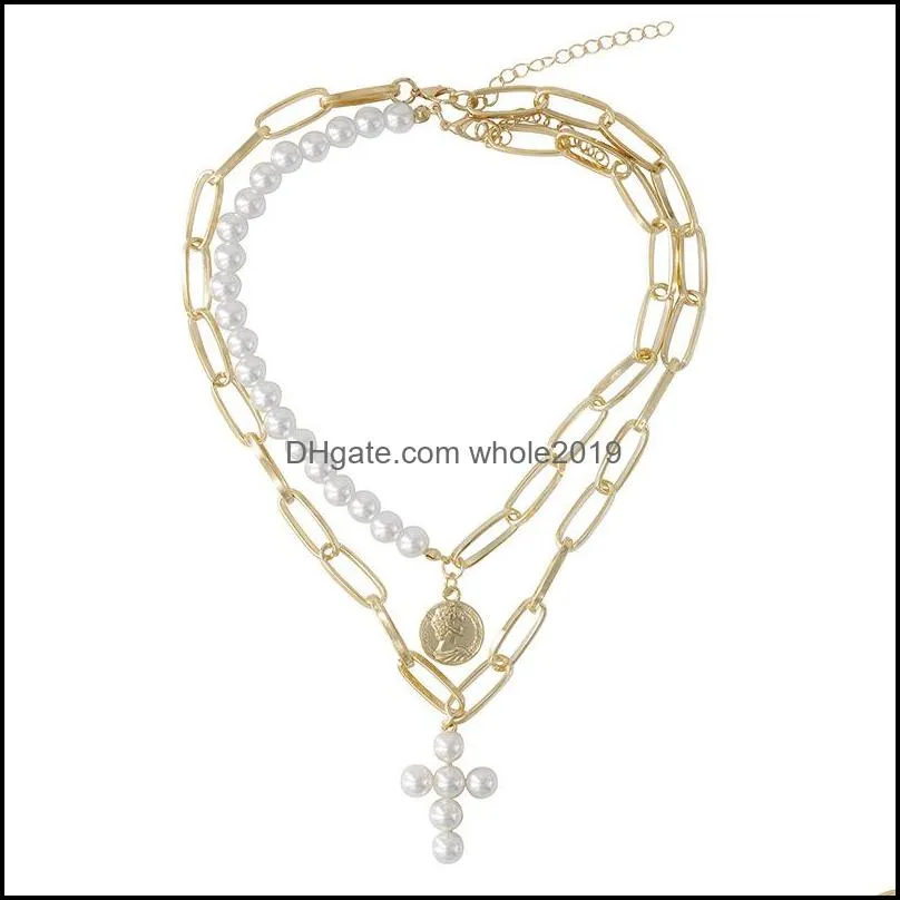 Pendant Necklaces New Design Imitation Pearls Choker Necklace Female Cross For Women Girls Fashion Gold Coin Head Jewelry Drop Deliv Dhzvj