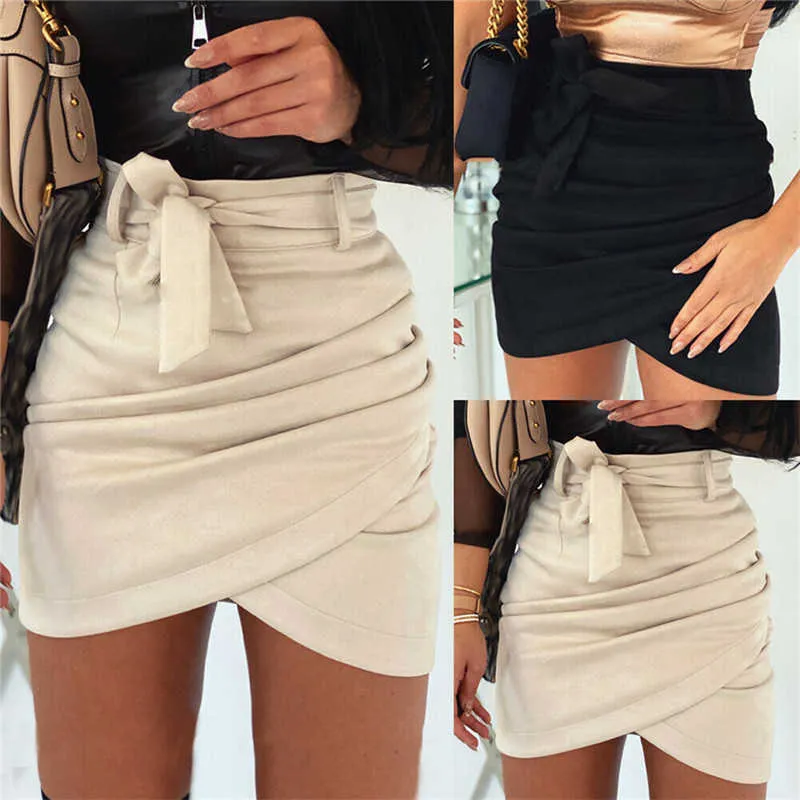 Etekler Yüksek bel kemeri süet deri kadın Bahar Güz düzensiz bodycon mini Seksi streetwear kadın alt Bandaj etekler 0110