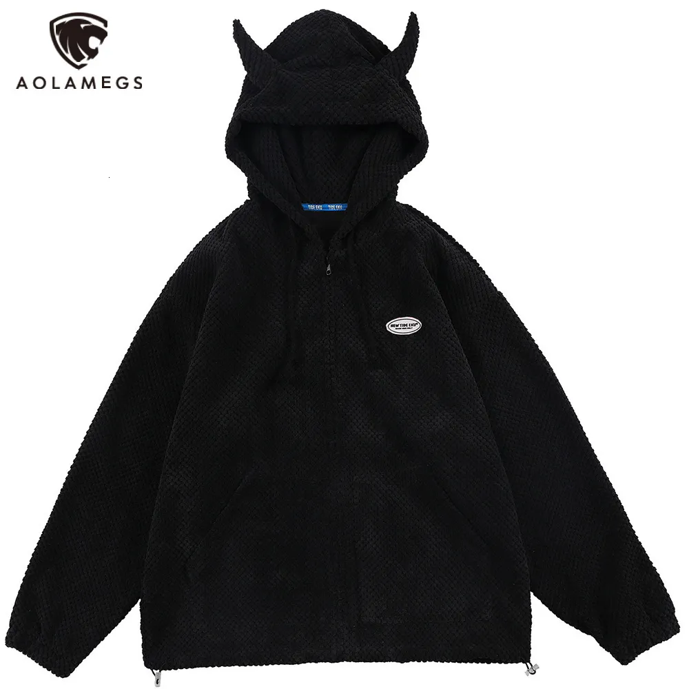 Sweats à capuche pour hommes Sweats Aolamegs Hoodies Hommes Twist Knitting Demon Horns Solid Color Zipper Coats Soft Cozy Hipster Tops Hip Hop Loose Casual Streetwear 230111