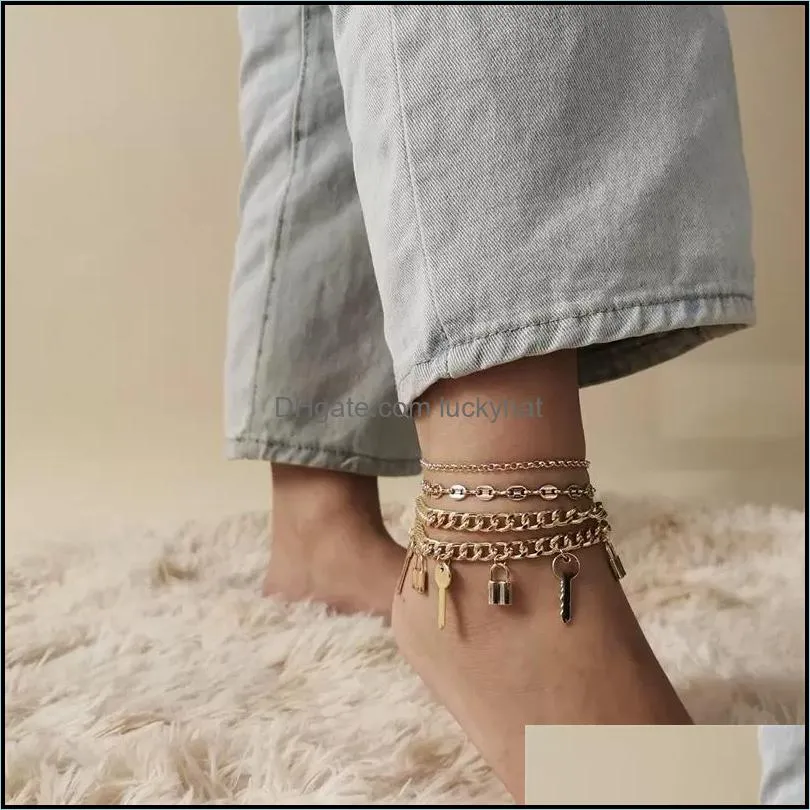 Anklets retro diamantlås nyckel handuppsättning metall strand mtilayer pärla yoga bohemisk designer ihålig kombination handgjorda kedja c3 droppe dhfvh