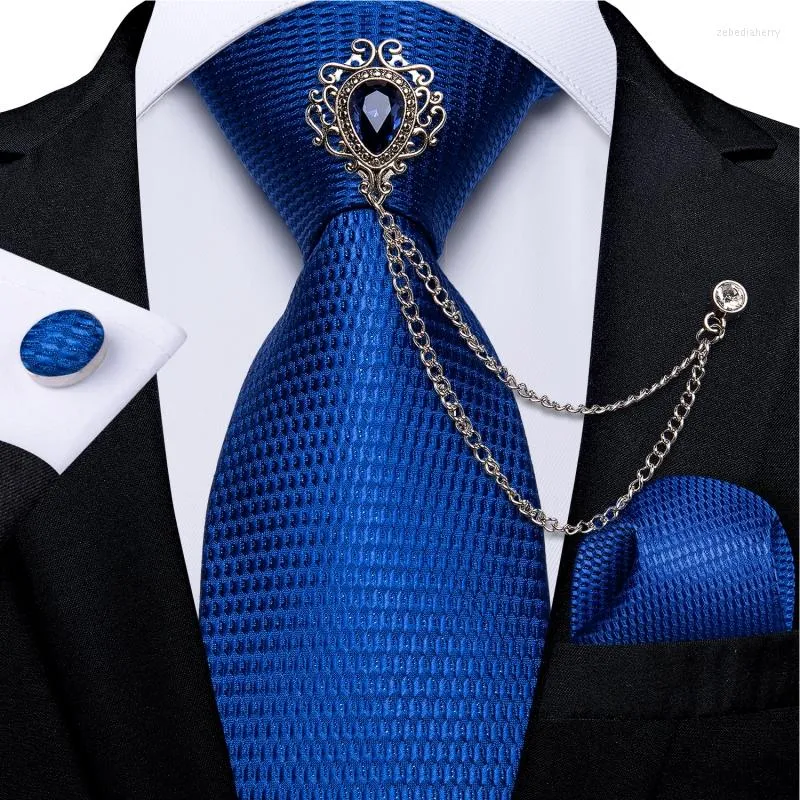 Fliegen Solide Blau Gold Plaid Für Männer Business Hochzeit Party männer Hals Krawatte Manschettenknöpfe Set Luxus Brosche Kette geschenk