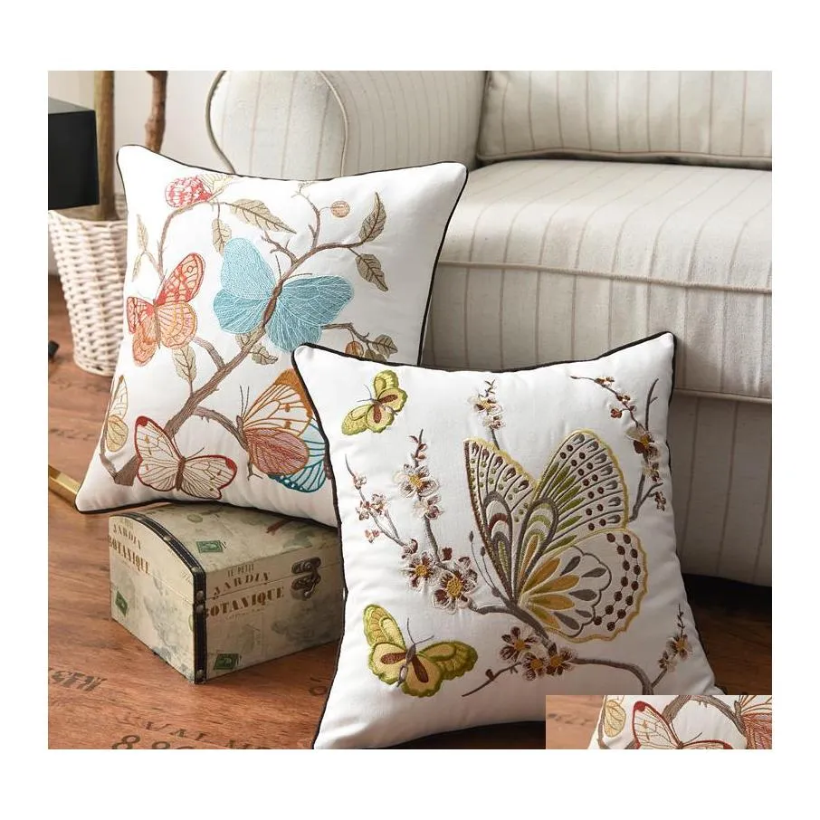 Almofada/almofada decorativa de borboleta bordado de pav￣o de pav￣o ER 45x45cm Country Floral Cotton Cotton Home Decoration for Living Dro DHCVF