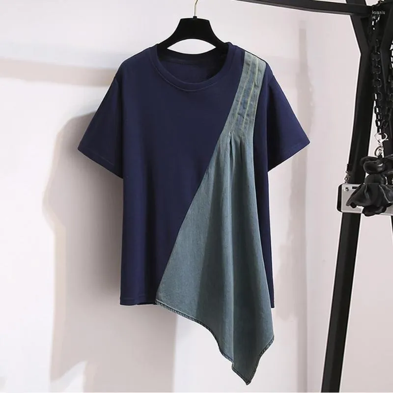 Women's T Shirts Denim Patchwork Women T-Shirts Summer Vintage Design O-Neck Short-Sleeved Loose Casual All Match Female Pulls Tops 4XL