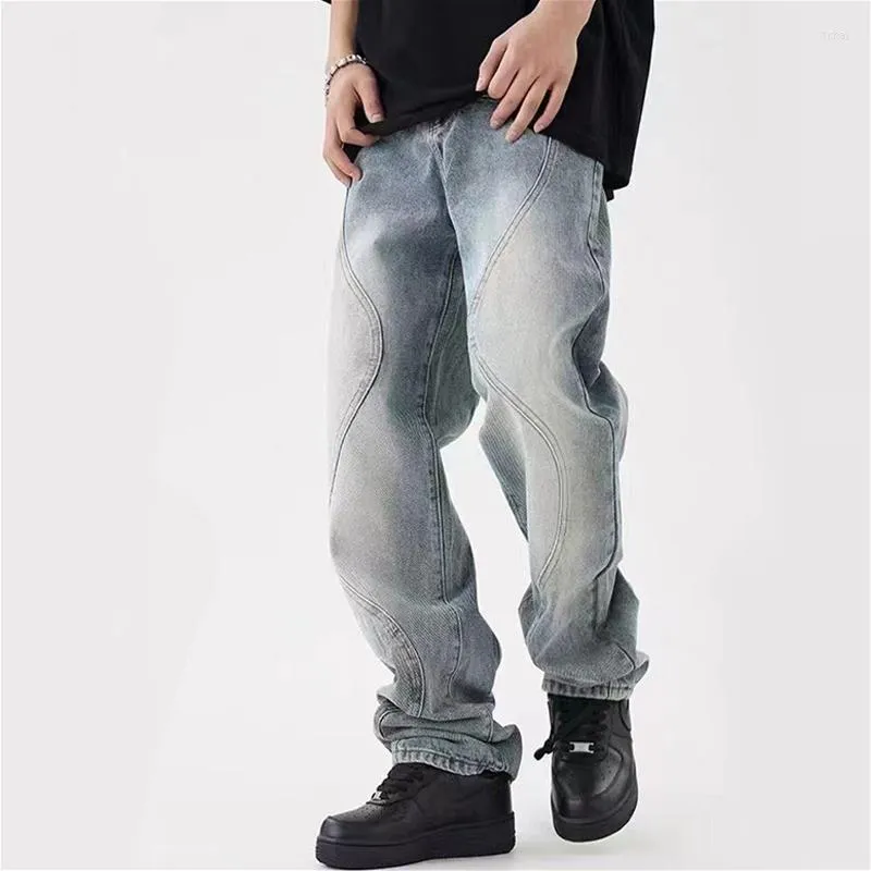 Herr jeans streetwear män 2023 höst och vinter lös rak cylinder vintage haren byxor mode bekväma blå byxor kvinnlig