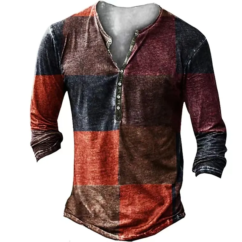 Camisetas masculinas vintage com botão Padrão étnico Imprimir primavera outono solto O-pescoço O-gola longa Manga longa camisetas T roupas masculinas 230111