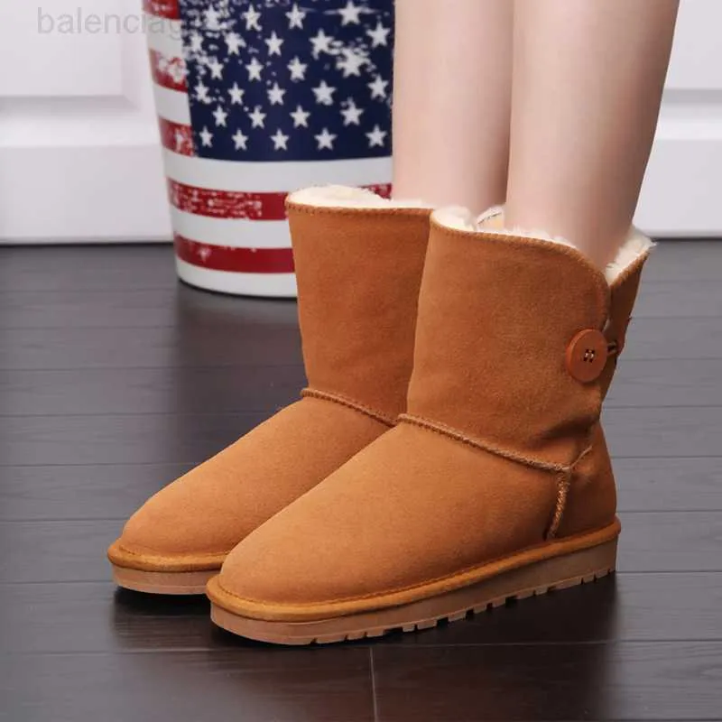 Designer Classic Sheepskin Boots Mini Suede Booties Button Australia Kid Infant Baby Snow Boot Winter Shearling Päls skor Fluff Platform