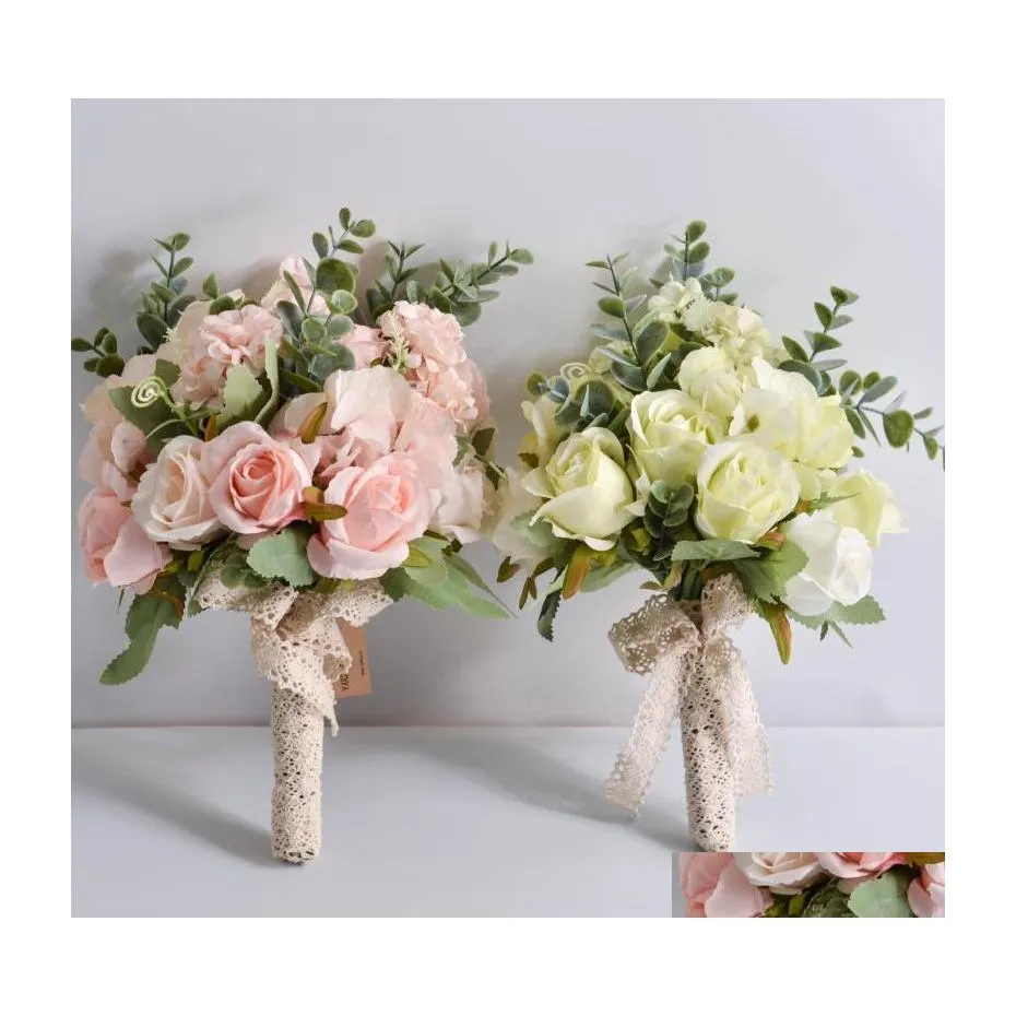 Fiori decorativi Ghirlande Fiore da sposa Mano Bouquet Rose finte Seta Eucalipto Ortensia Piante artificiali Decorazione di nozze Bo Dhitv