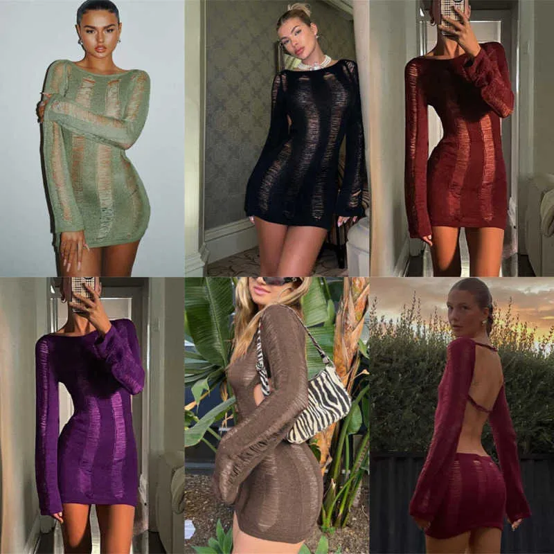 Femmes Robes Designer 2023 Nouveau À Manches Longues Évidé Dos Nu Jupe Sexy Fesses Serrées Laine Tissé Printemps Et D'été Dames Jupe