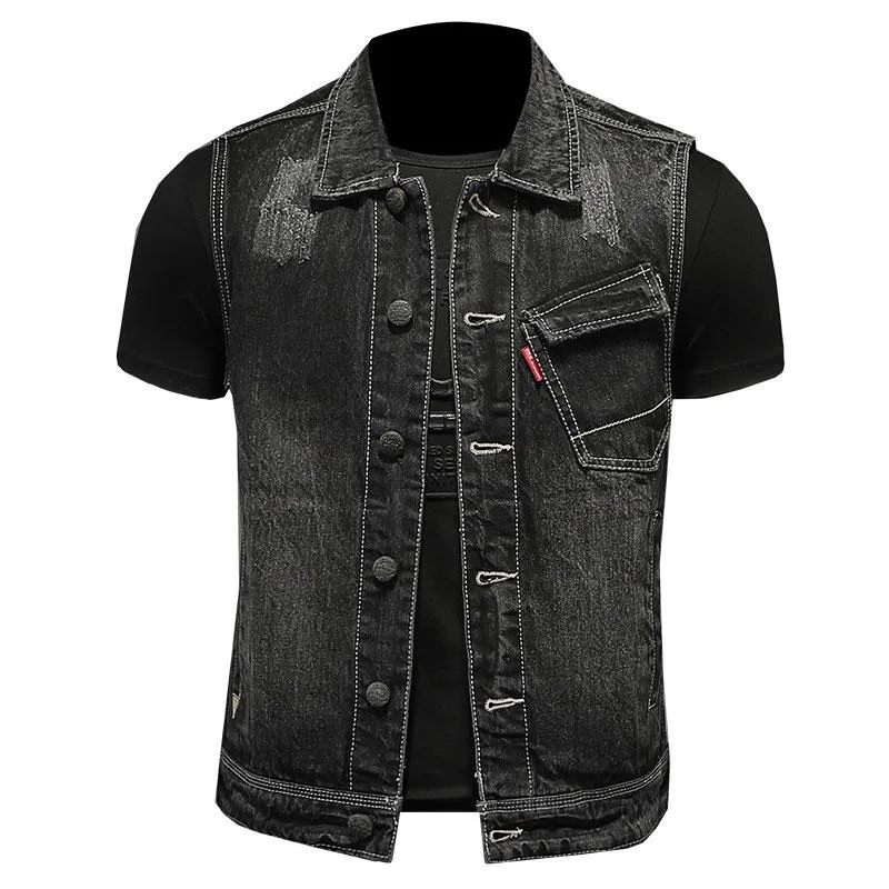 Herrvästar 2023 sommar retro lapel singel breasted bomull svart smal denim väst kappa män maistcoat jean jacka motorcykel gilet homme