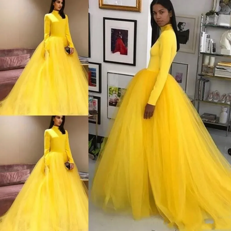 2023 Evening Dresses Wear Fashion Bright Yellow Elegant High Neck A Line Long Sleeves Zipper Back Floor Length Tulle Long Prom Dresses Women Party Gowns Sweep Train