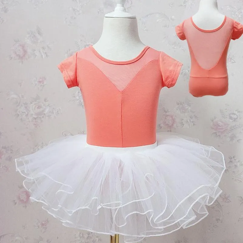 Scenkläder sommar barn dansklänning flickor öva kläder bomullsgymnastik Leotard balettklänningar barn kort ärm