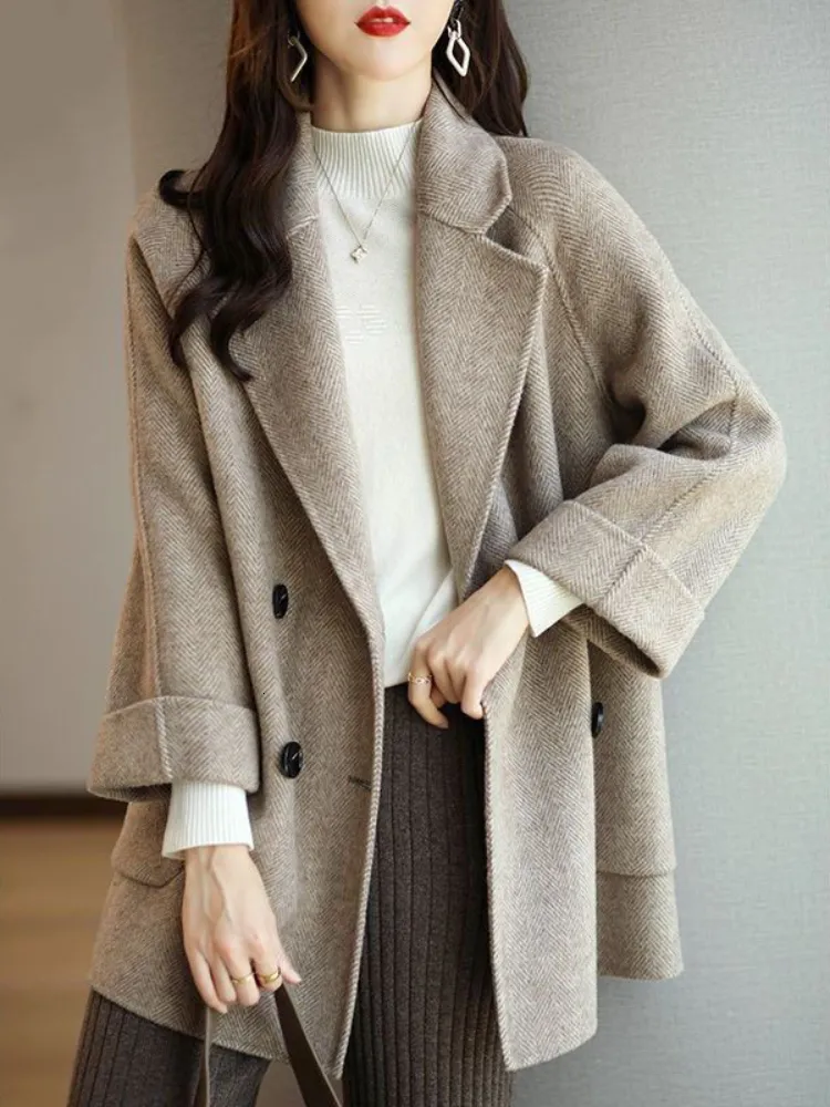 Kvinnors stickor Tees Winter Coats Fashion Wool Blends Overcoat Female Elegant Solid Thick Coat Double Breasted Long Jackets For Women 230111