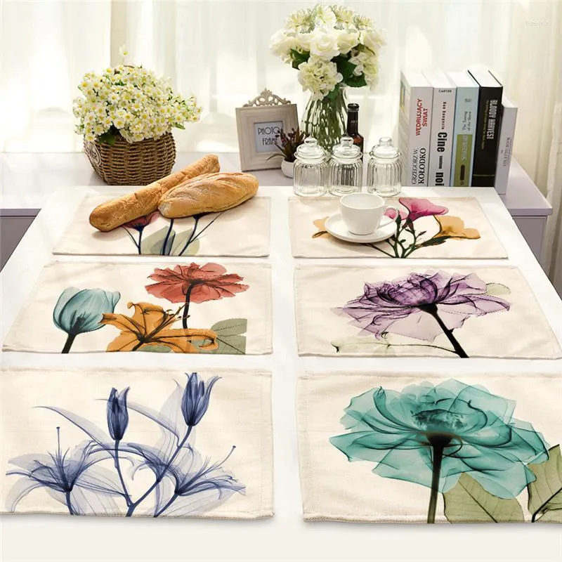 Tapis de table 1 pièces motif de fleurs napperon de cuisine 42 32 cm coton lin à manger tampons de boisson bol tasse décor à la maison