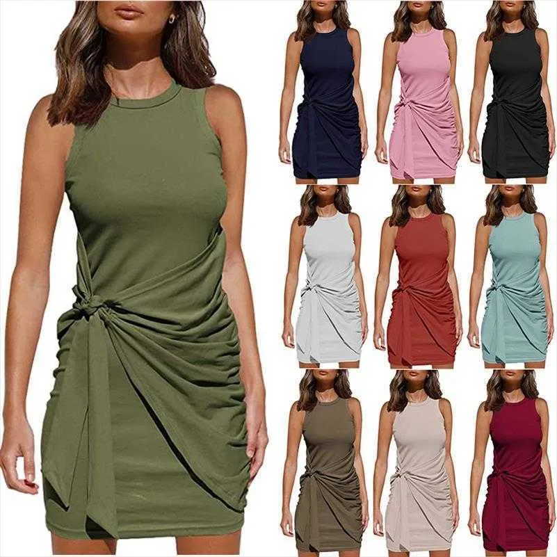 Ärmelloses Kleid für Damen, Rundhalsausschnitt, Schleife, einfarbig, unregelmäßiger Gürtel
