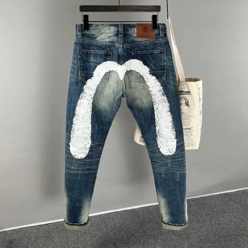 Calça jeans de jeans EVOSUE MAN PONTES EM SKELETEN EM PROMUTADO DE PRODIMENTO DE PRODIMENTO DE MOPPING TRUSTERS CRIPHAS