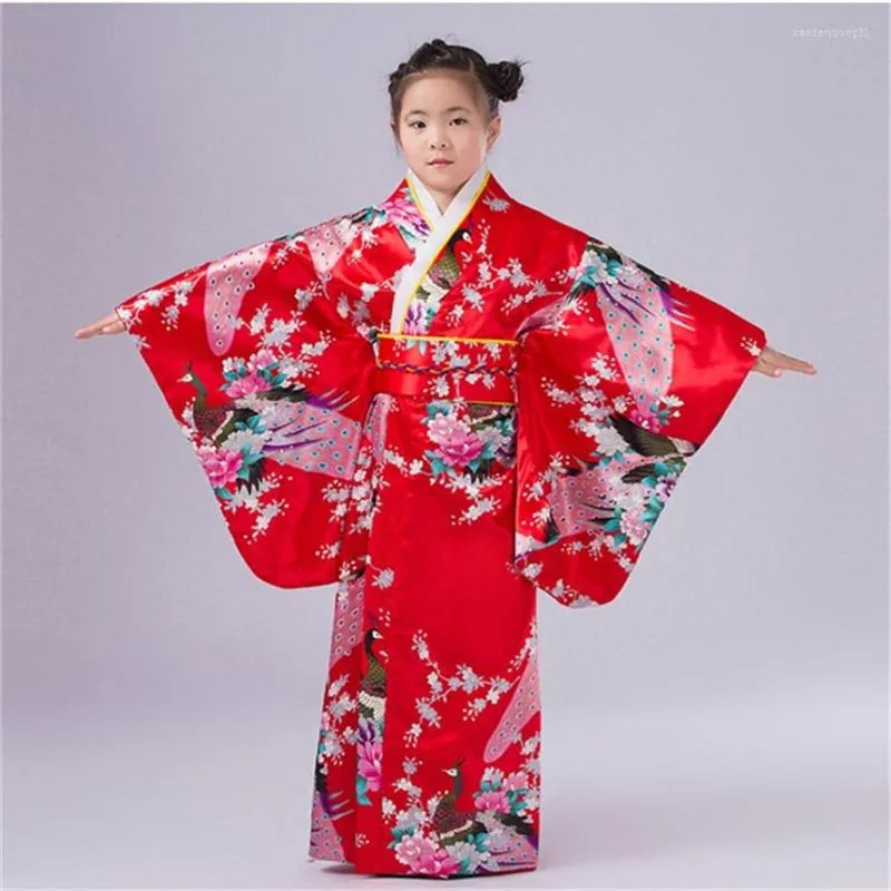 Etniska kläder 2023 Traditionell Kimono Girl Japanese Dress Silk National Print Cherry Red Blossoms Costume For Girls Japan