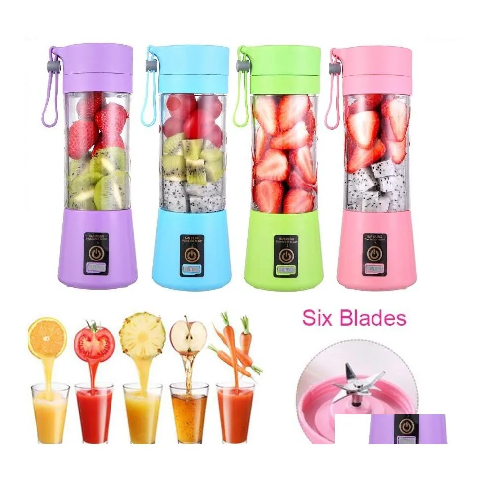 Meyve Sebze Araçları 6 Bıçaklar Kişisel Blender Colorf Taşınabilir Mini USB Juicer Kupa Elektrik Şişesi Sıkıcıları Raybalar Damla Dhvlf