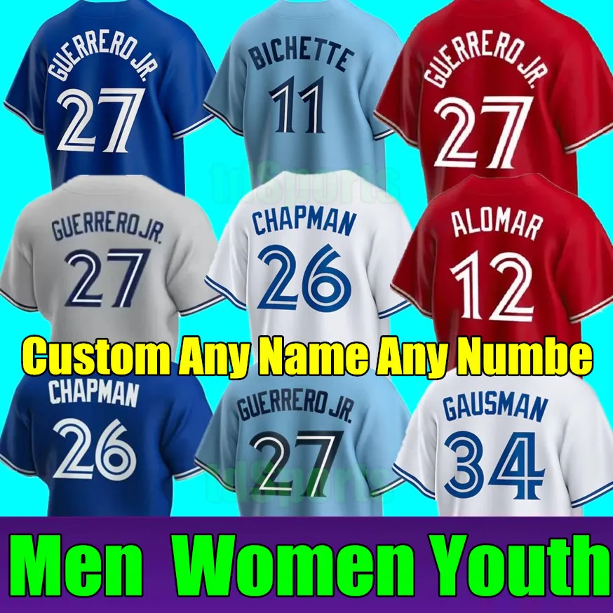 2023 S-4XL Custom Vladimir Guerrero Jr. Camisa de beisebol BO BICHETTS ALEJANDRO TORONTO KIRK MATT CHAPMAN GEORGE SPRINGER BLUE JAYS DRURY HERNANDEZ GURRIEL JR. Camisas