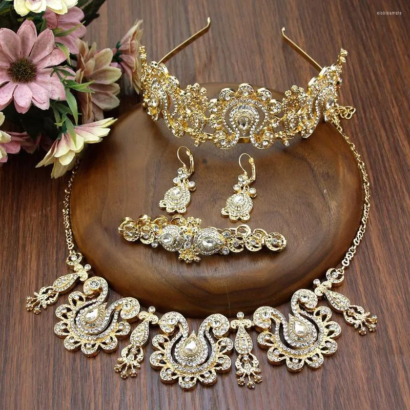 Necklace Earrings Set Neovisson High Quality Gold Color Bride Crystal Crown Earring Bracelet Court Wedding Jewelry