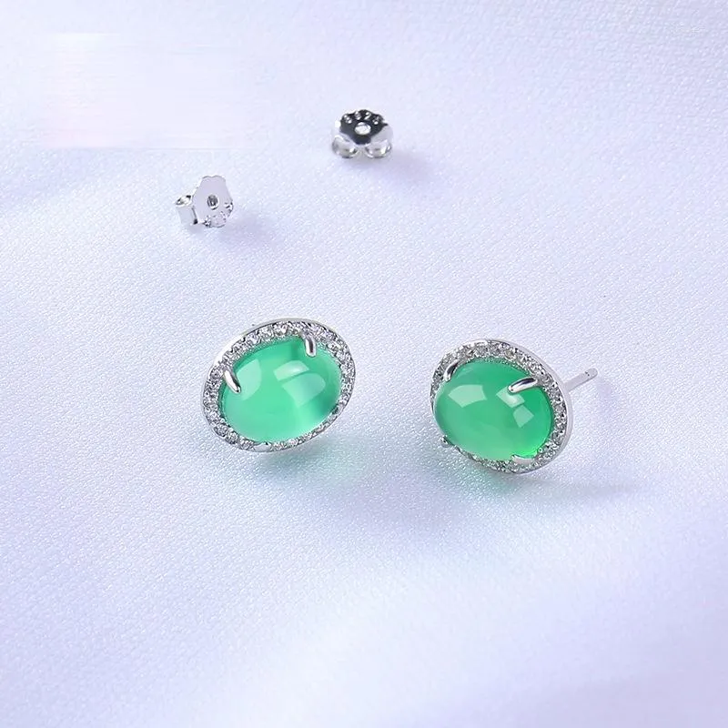 Stud Earrings Chalcedony Stone Earring Pure Silver Color Chrysoprase Temperament Female Microscope Contracted