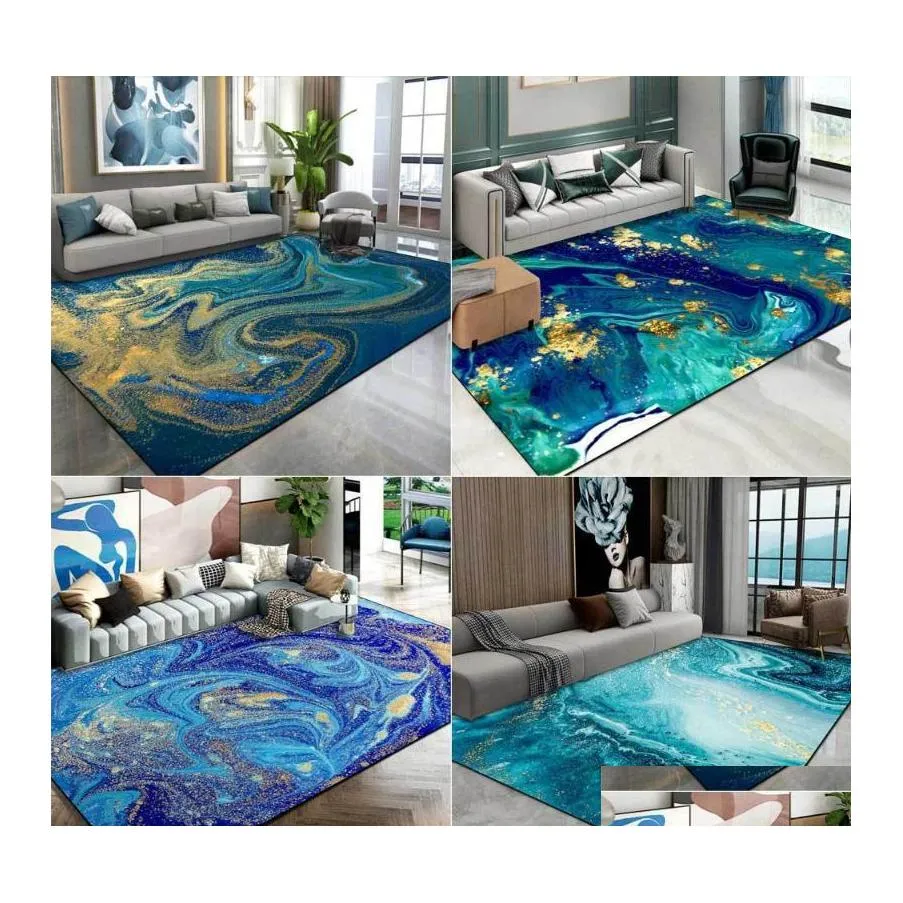 Tapis Nordic Luxe Abstrait Salon Tapis Aquarelle Bleu Vert Océan Fluide Marbre Doré Doré Tapis Chambre Chevet Goutte Dhwln