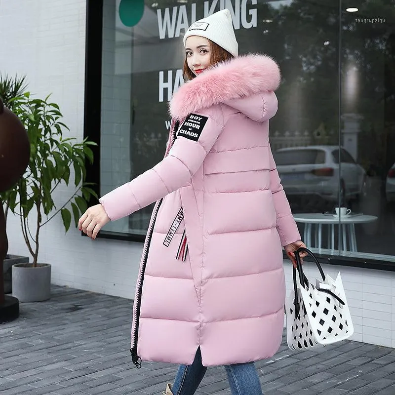 Kadınlar Down Parkas Ceket Kadınlar Güzel Artı Kış Boyut Koreli Kadın Ceket Büyük Kürk Yaka Şapka Uzun Parka Pembe Lassie Chaqueta Mujer