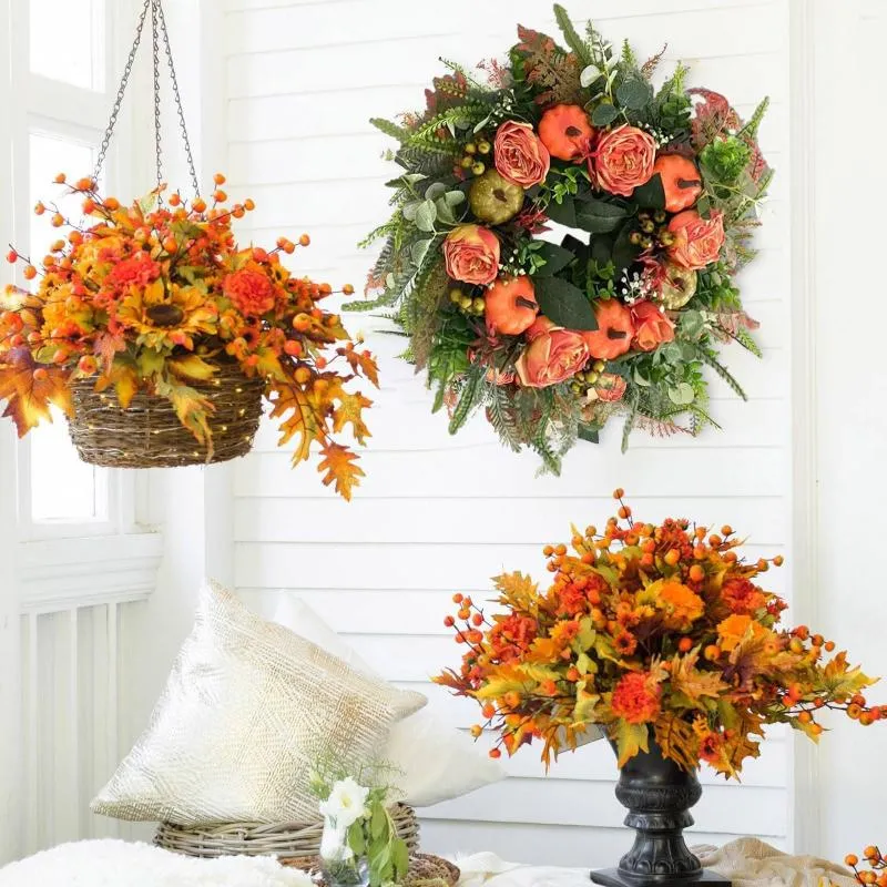 Decorative Flowers Fall Pumpkin Peony Wreaths Front Door Faux Big Outdoor Christmas Wreath Window Set Of 6