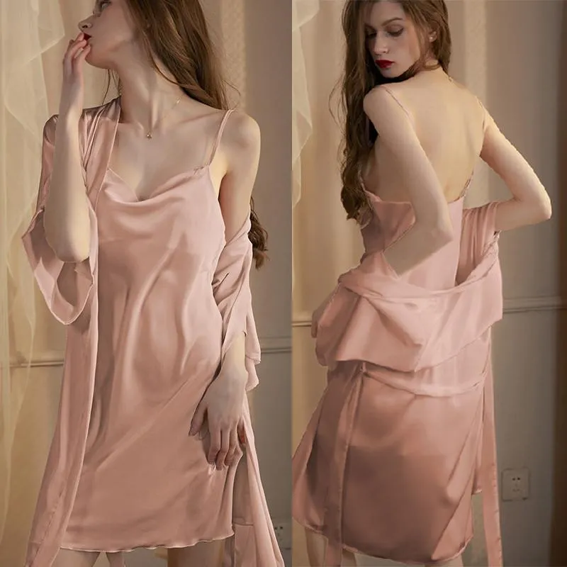 Women's Sleepwear Lady Satin 2Pcs Robe Suit Thin Strappy Home Dressing Gown Sexy Backless Sleepshirt With Bra Kimono Bathrobe Baggy Homewear