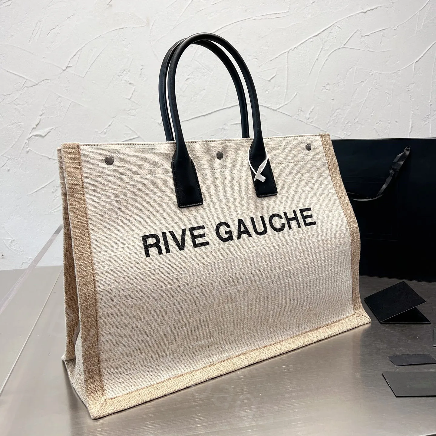 RIVE GAUCHE Designer-Einkaufstasche, Leinen-Canvas-Taschen, Designer-Handtasche, Damen-Strand-Einkaufstasche, Ledergriffe, Reißverschlusstasche
