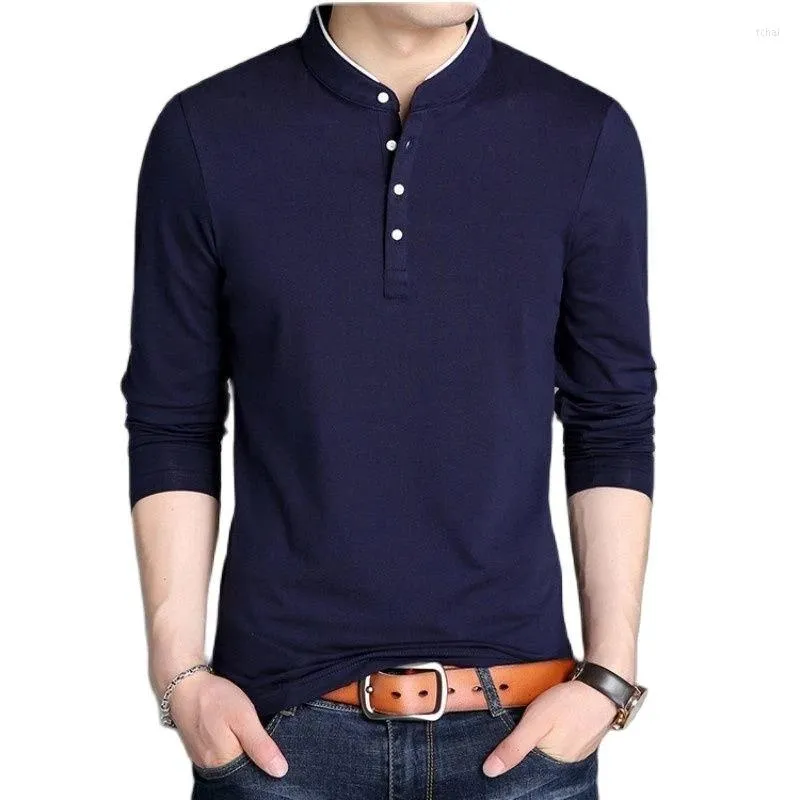 Mäns T-skjortor 2023 Spring och Autumn Men's Long Sleeve T-shirt Half Buckle Stand Collar Cotton Pullover Solid Color Casual Top