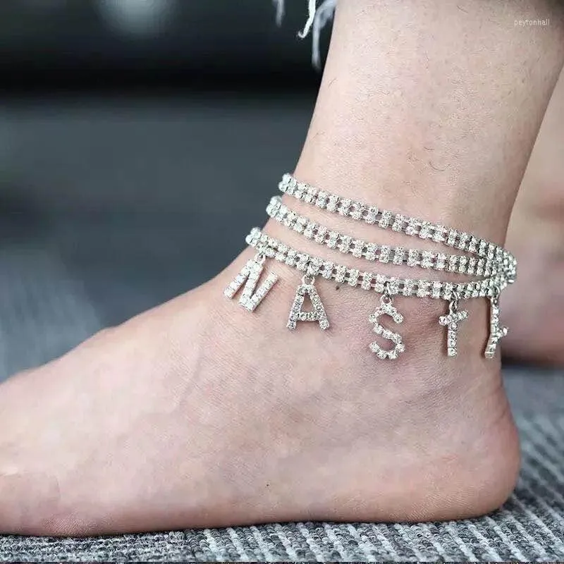 Bracelets de cheville mode femmes strass lettré cheville cristal étincelant plage fête Club hommes Bracelet pieds nus chaîne accessoires