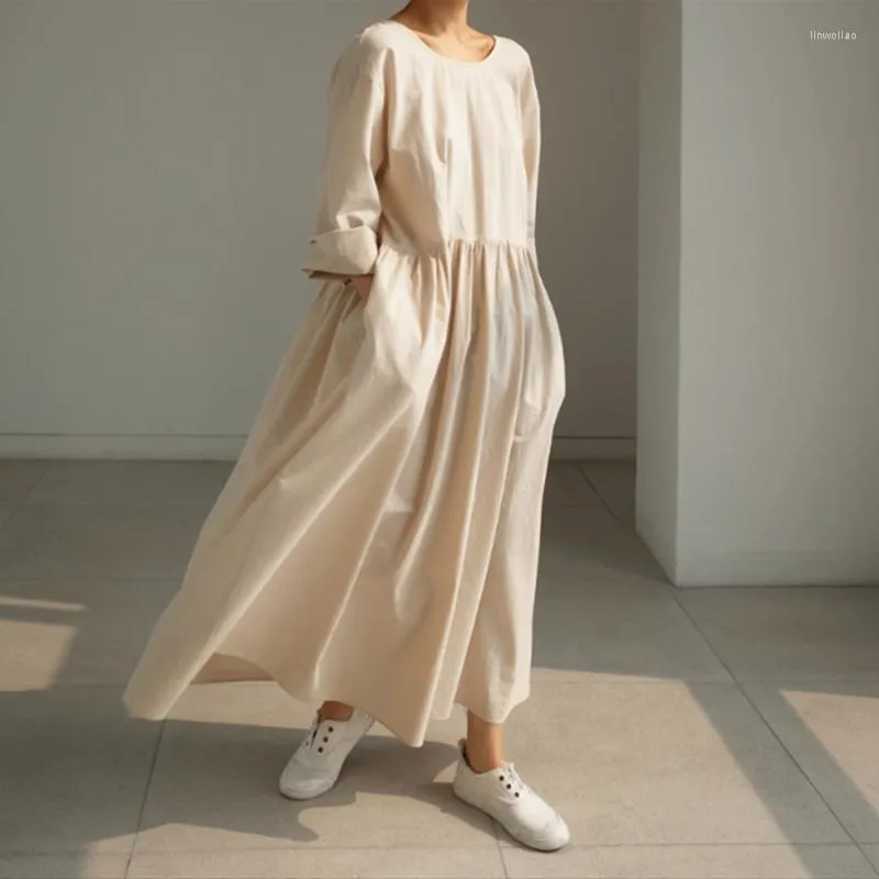 Casual Dresses O-neck Oversized Mini Dress Womens Minimalist 2023 Loose Fitting Solid Color Mid-Calf