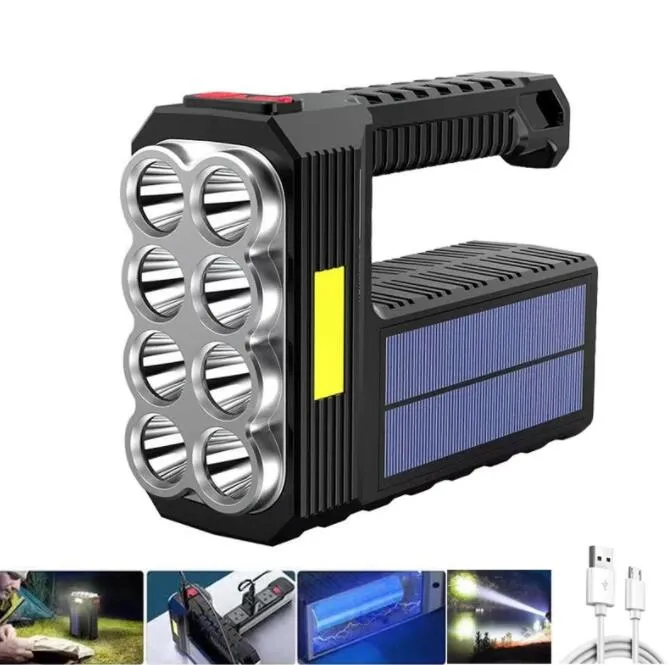 Portable Solar Power flashlights Powerful 6 LED 8LED usb rechargable handy flashlight torch outdoor hiking camping Lantern Lamp COB Flashlight