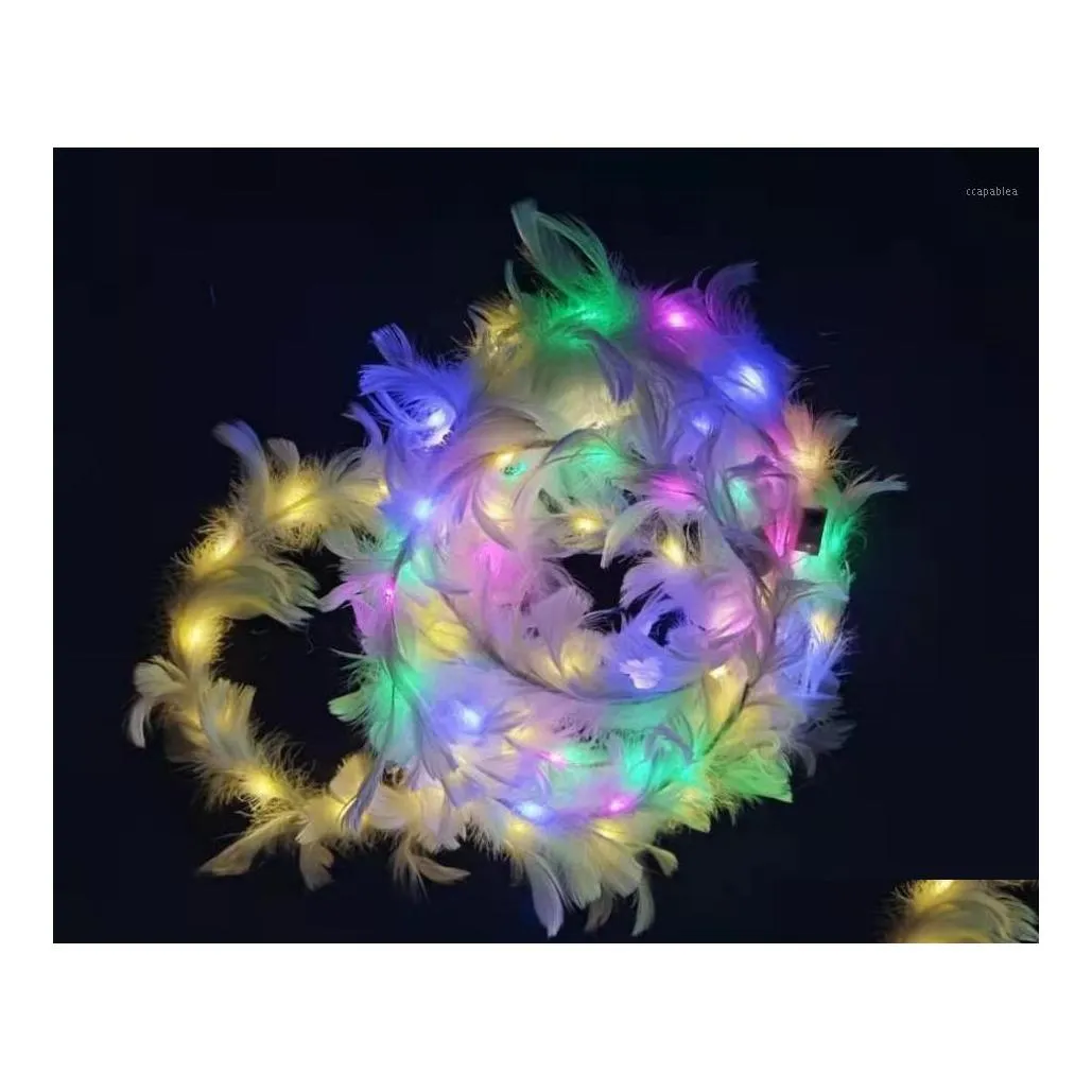 Décoration De Fête Led Blanc Plume Tête Guirlande Bandeau Couronne Dames Filles Ange Poule Nuit Déguisement Lueur Bandeau Batterie Chute Dhcsz