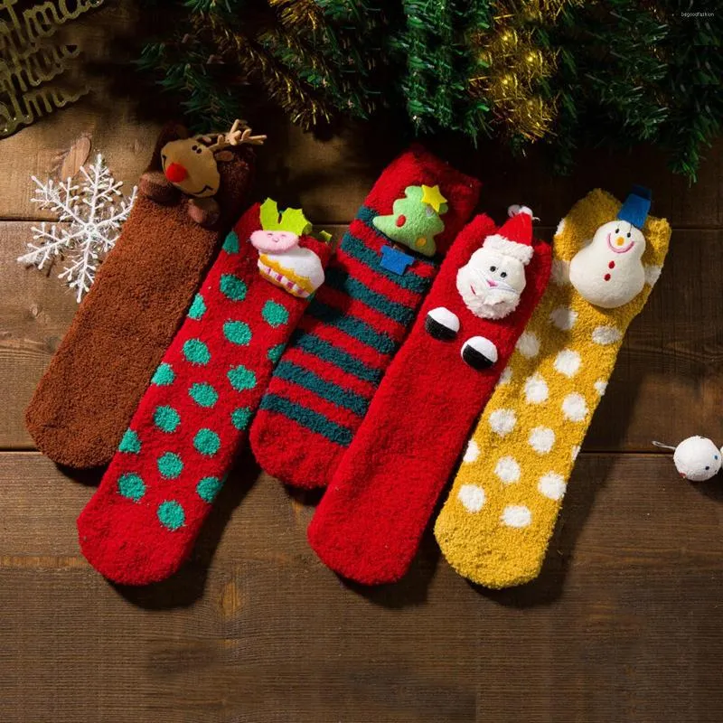 Women Socks 25# Kawaii 3D Parent-Child Christmas Women's Tube Coral Fleece and Velvet Thicked Happy Sock