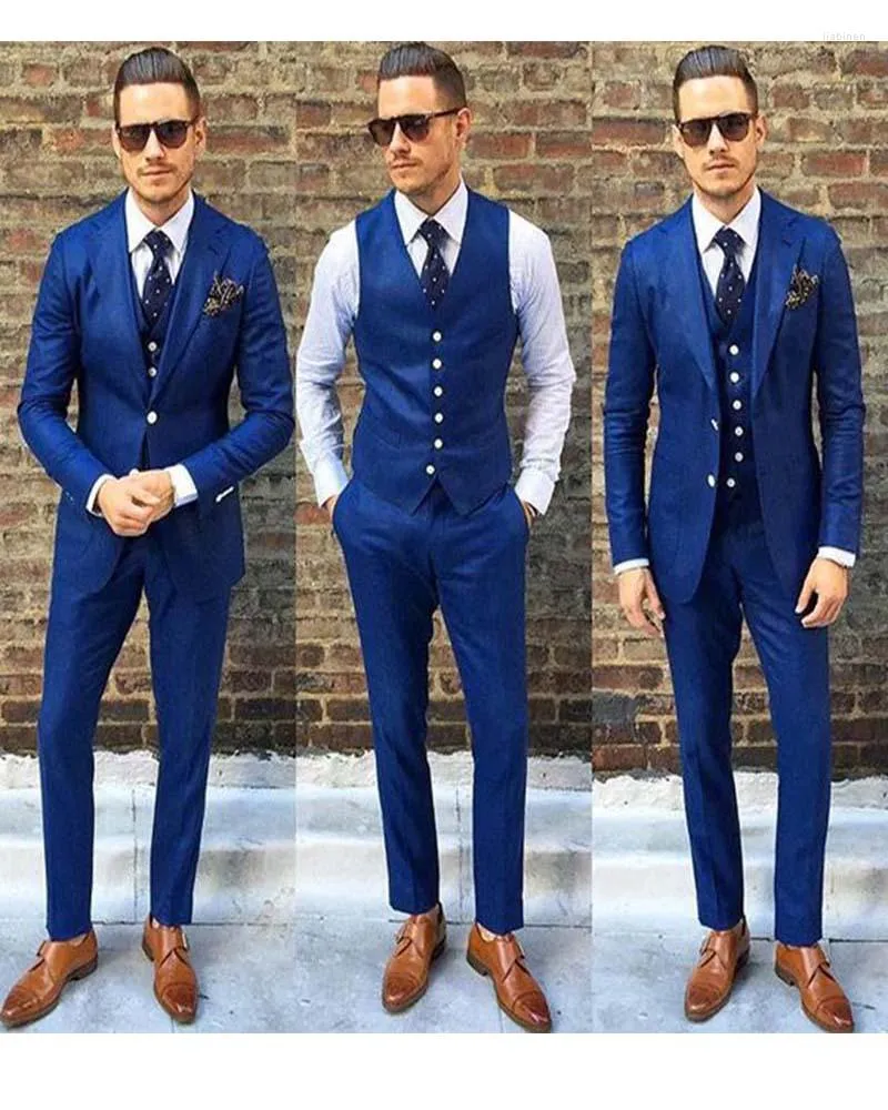 Costumes pour hommes 2023 Top vente homme bleu Royal 3 pièces mariage hommes ensembles Blazer pantalon formel Slim Fit veste pantalon gilet Costume