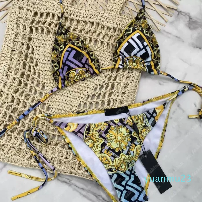 Luksusowe kobiety bikini kostiuuchu dwuczęściowy designerski złoty bikini top seksowna kobieta kąpiel garnitury plażowe pływanie zużycie na zewnątrz