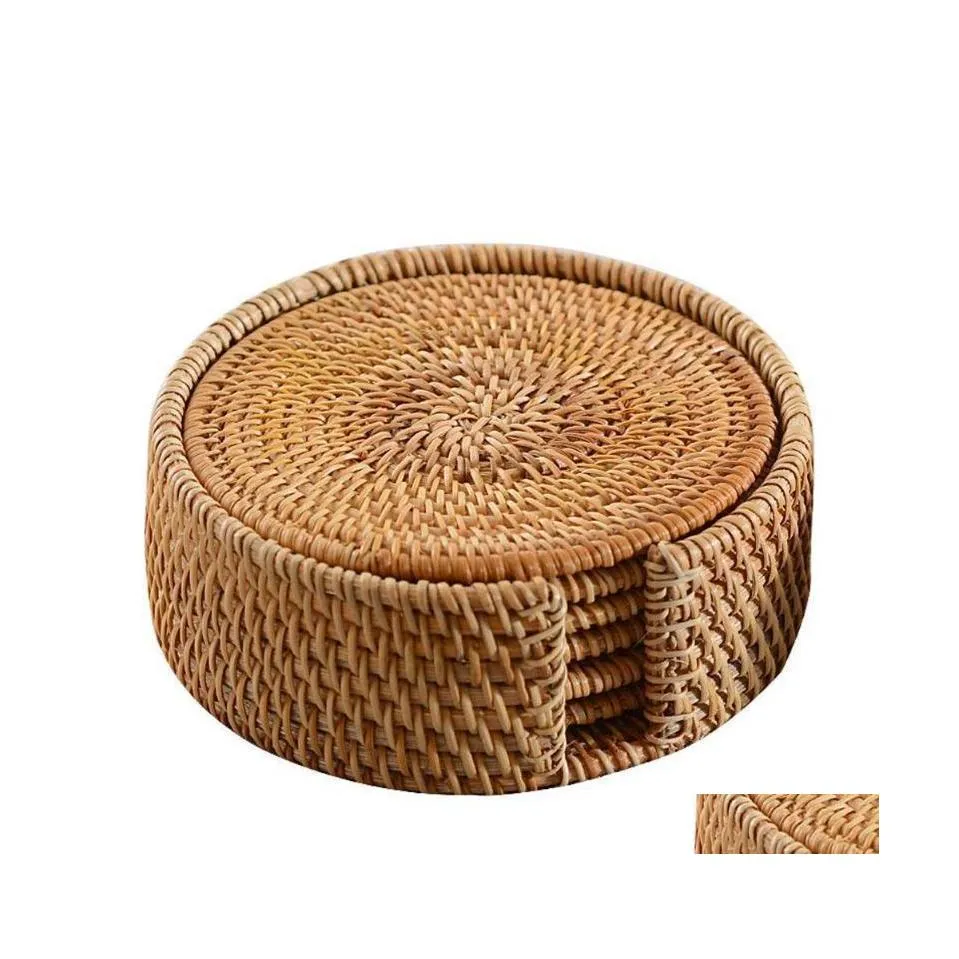 Mats Pads 6Pcs Sottobicchieri per tazze in rattan intrecciato a mano con cestino Tovaglietta antiscivolo Vassoi da tè Tazze da caffè Tovaglietta Insation Stoviglie Dhsgl