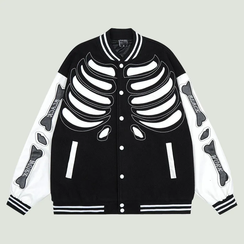 Herrjackor Hip Hop Bomber Baseball Jackets Men Streetwear Harajuku Skeleton Bones Brodery Patchwork Oversize Casual Varsity Coats Unisex 230111