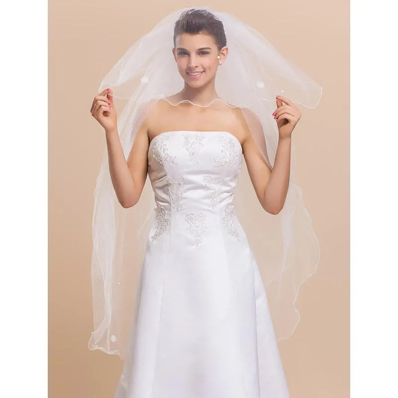 Brudslöjor Lan Ting Bride Four-Tier Pencil Edge Wedding Veil Fingertip 53 Satin Flower 47.24 In (120 cm) Tulle A-Line Ball Gown