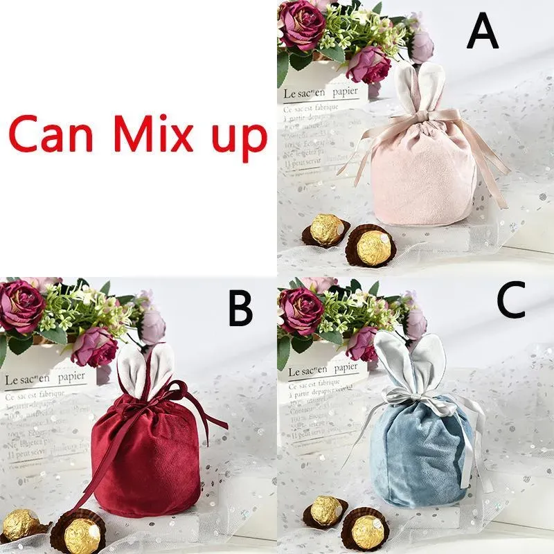 Velvet Easter Bunny Bucket Favor Short Ears Rabbit Basket Drawstring Candy Bag Soft Plush Storage Bags